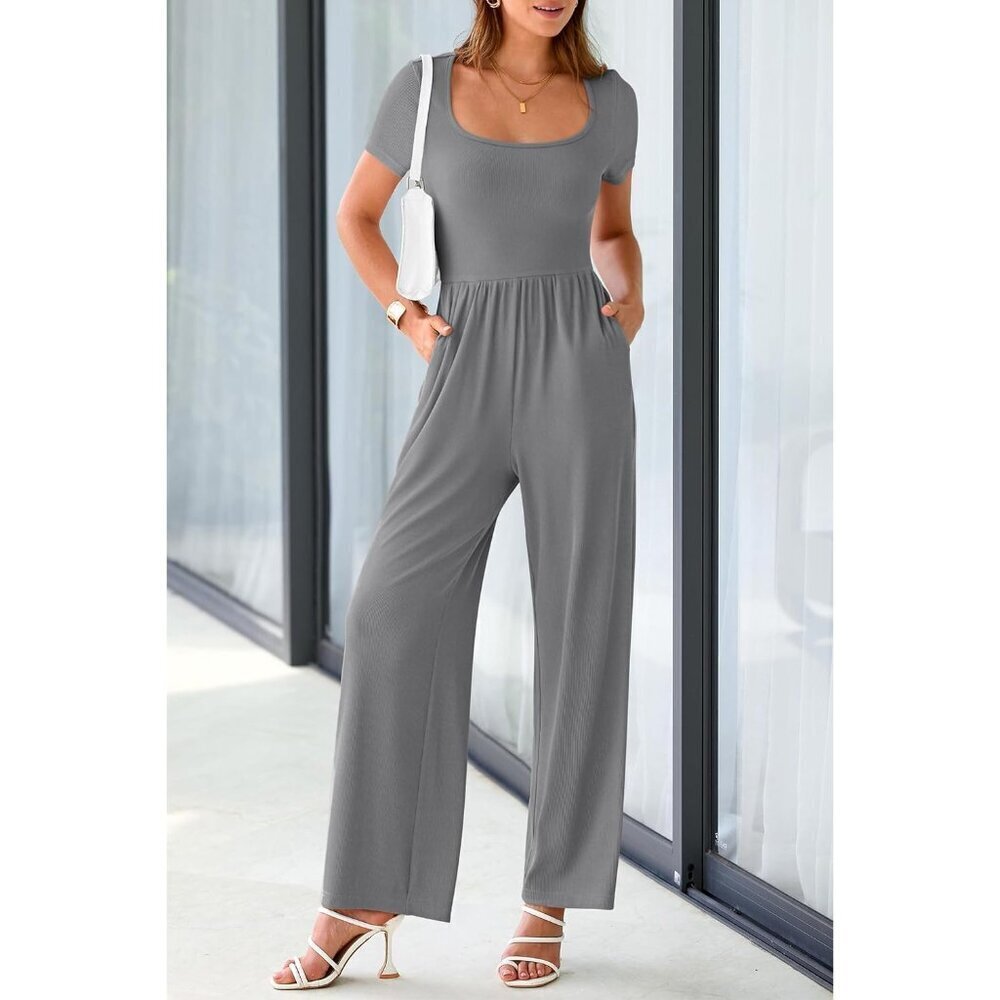 Women's Grey Summer Short Sleeve Square Neck Wide Leg Rompers Jumpsuits - Picture 6 of 8